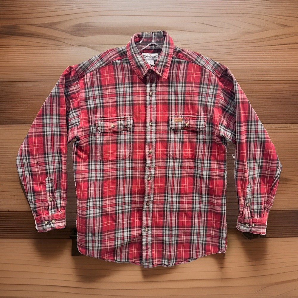 Carhartt Flannel Shirt Mens Sz L Red Plaid Rugged Outdoor Wear Work 100% Cotton
